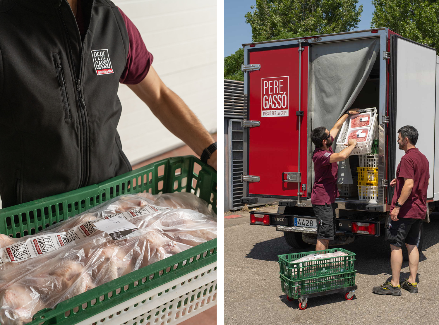 Treballadors de Pere Gassó carregant productes carnis en camions refrigerats de la flota pròpia