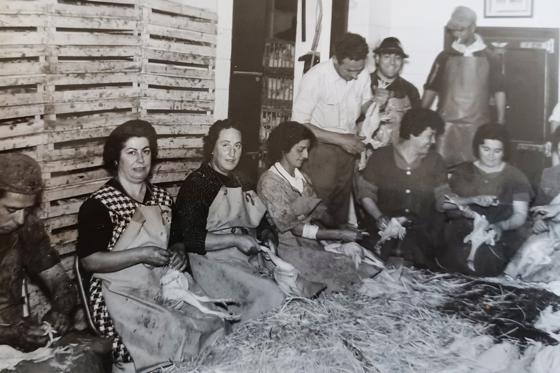 Fotografia d’època del procés manual de preparació d’aviram, amb treballadors garantint qualitat i tradició.
